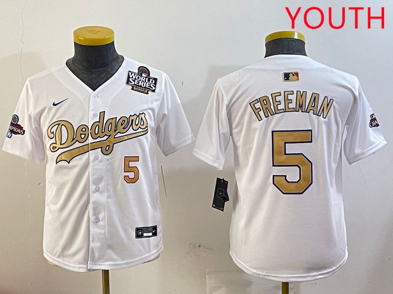 Youth Los Angeles Dodgers #5 Freeman White Champion gold character 2025 Nike MLB Jersey style 3